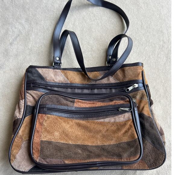 Vintage Style Patchwork Suede Purse Brown Pig Leather Wallet Shoulder Bag - Picture 1 of 12
